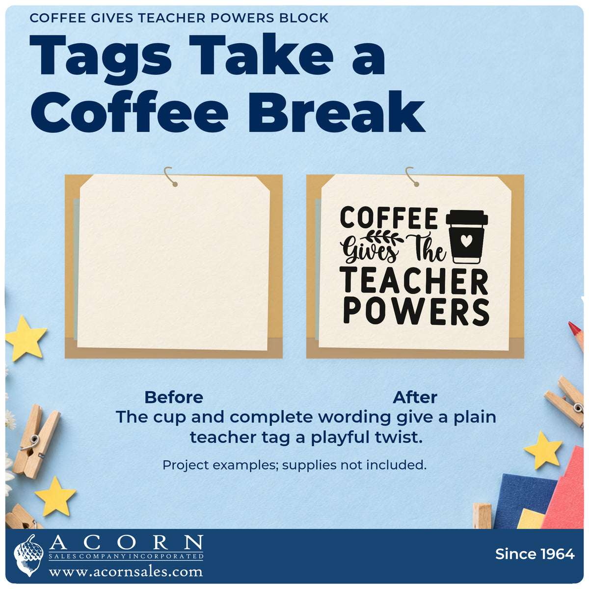 Before and after of a plain item finished with the Premium Wooden Coffee Gives Teacher Powers Block Stamp – Vintage Pro, a quick upgrade for cafe bag seals.