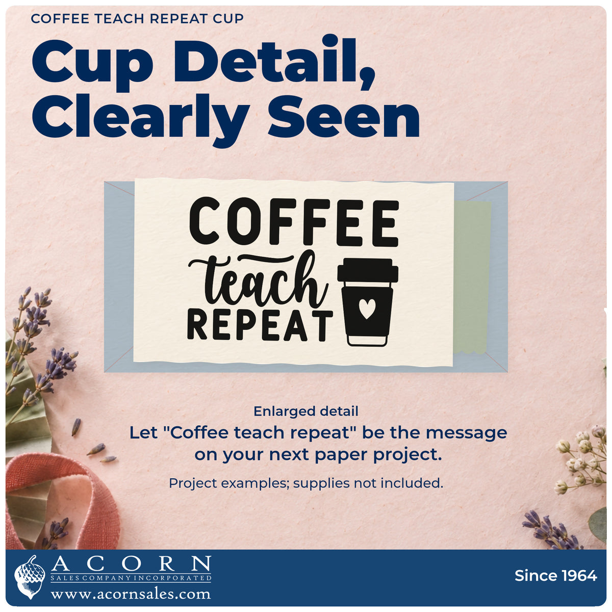 Enlarged detail of the Coffee Teach Repeat Cup Slim Pre-Inked Stamp imprint. A takeaway cup with a heart sits beside stacked "Coffee teach repeat."