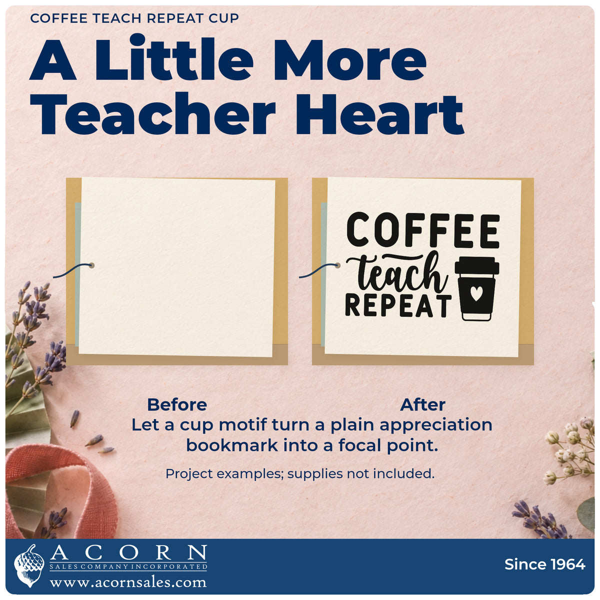 Before and after of a plain item finished with the Coffee Teach Repeat Cup Premium Wooden Stamp – Vintage Pro, a quick upgrade for bread bag seals.