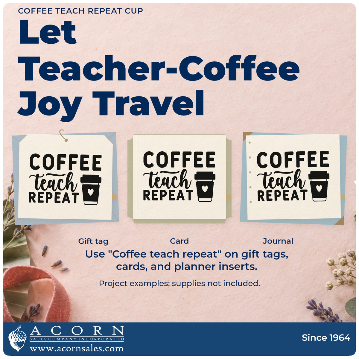 Three project examples made with the Coffee Teach Repeat Cup Slim Pre-Inked Stamp, including cereal tin labels.