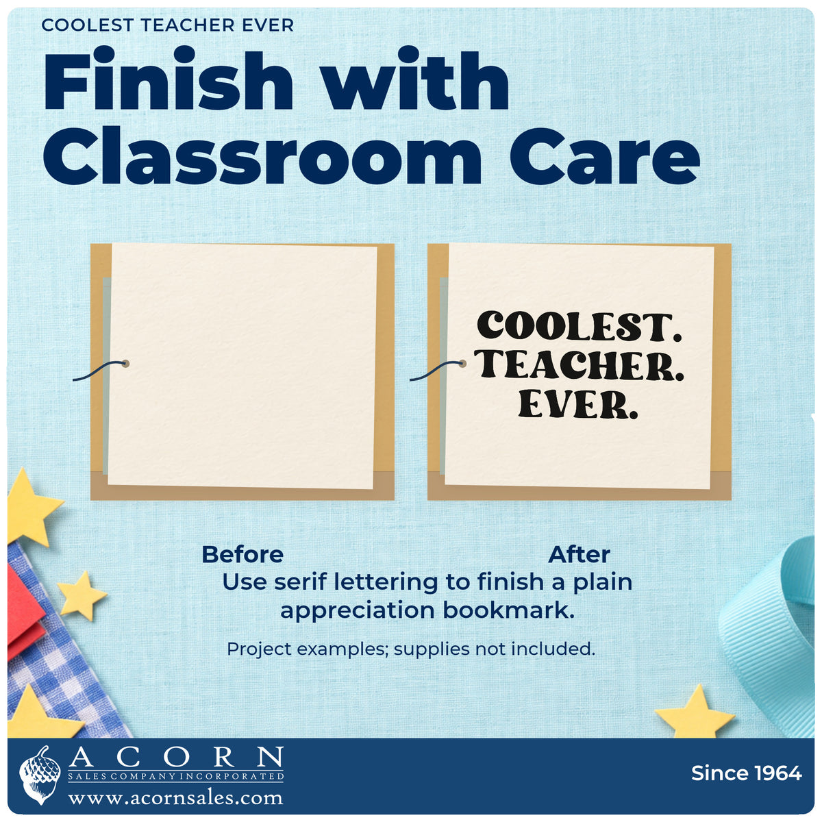 Before and after of a plain item finished with the Coolest. Teacher. Ever Serif Lettering Stamp – Self-Inking, a quick upgrade for locker door seals.