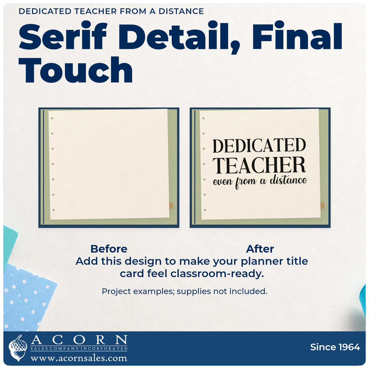Before and after of a plain item finished with the Dedicated Teacher From A Distance Slim Pre-Inked Stamp, a quick upgrade for postal pack seals.