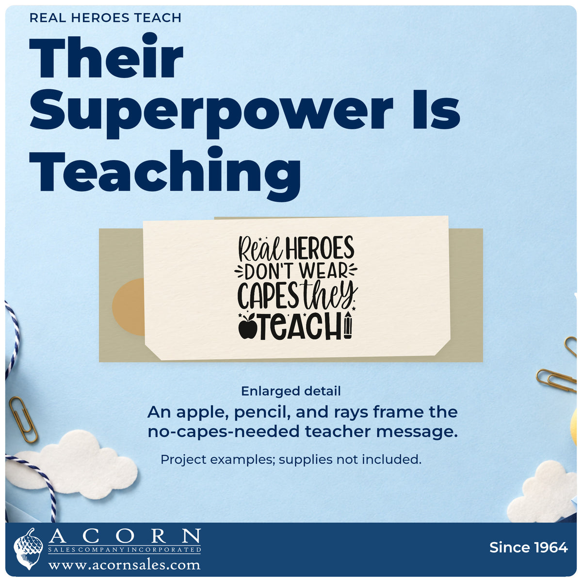 Enlarged detail of the Real Heroes Teach Premium Wooden Stamp – Vintage Pro imprint. An apple, pencil, and radiating marks accent "Real heroes don't wear capes, they teach."
