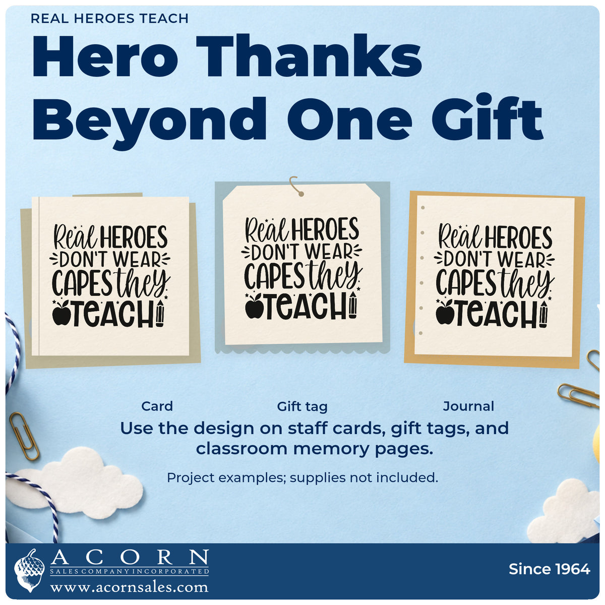 Three project examples made with the Real Heroes Teach Stamp – Self-Inking, including kit bag labels.