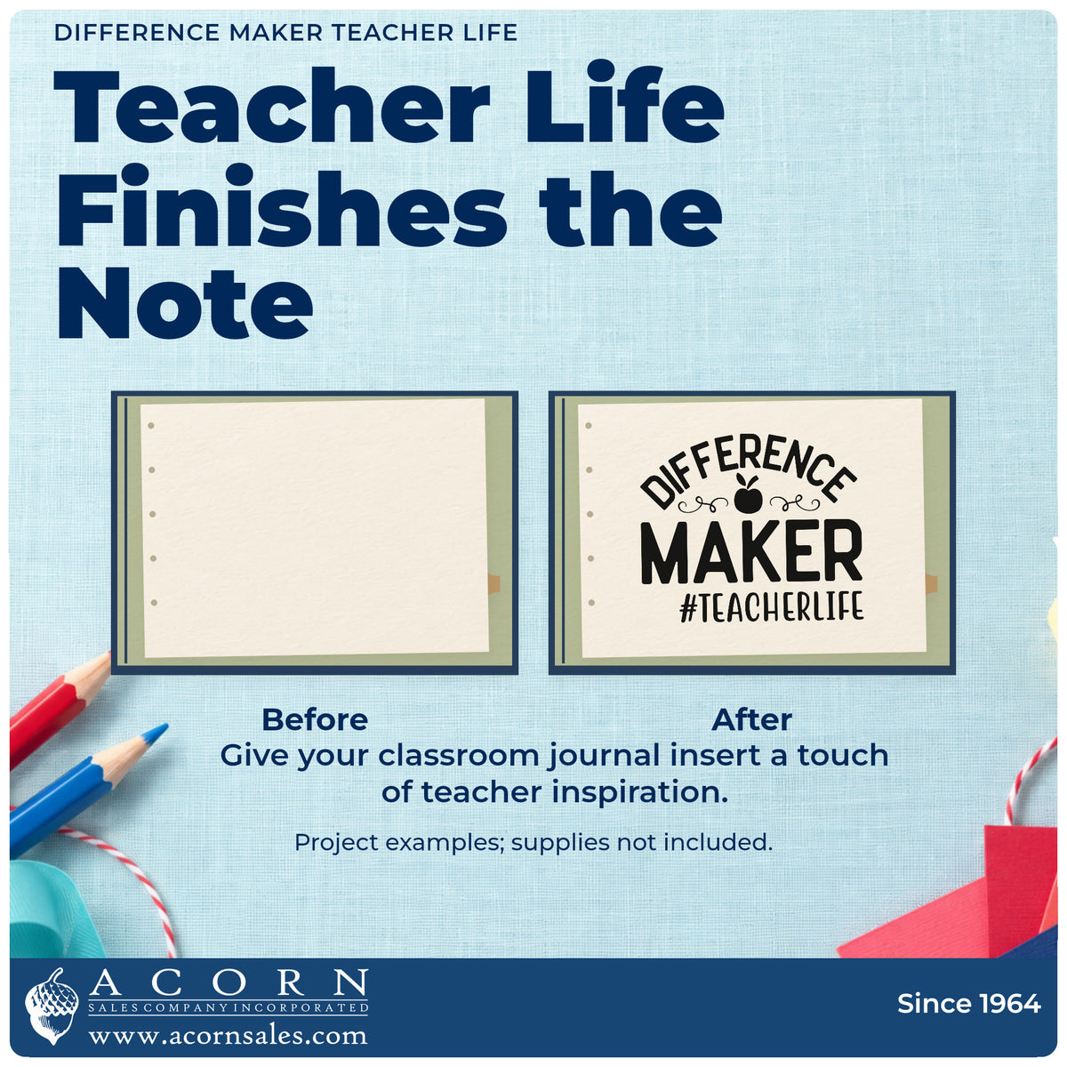 Before and after of a plain item finished with the Difference Maker Teacher Life Wood Handle Stamp, a quick upgrade for nomination seals.