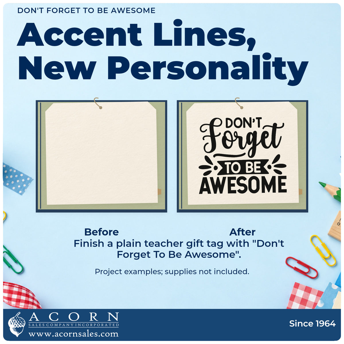 Before and after of a plain item finished with the Don't Forget To Be Awesome Script Lettering Hand Stamp – Duo, a quick upgrade for lunch bag seals.