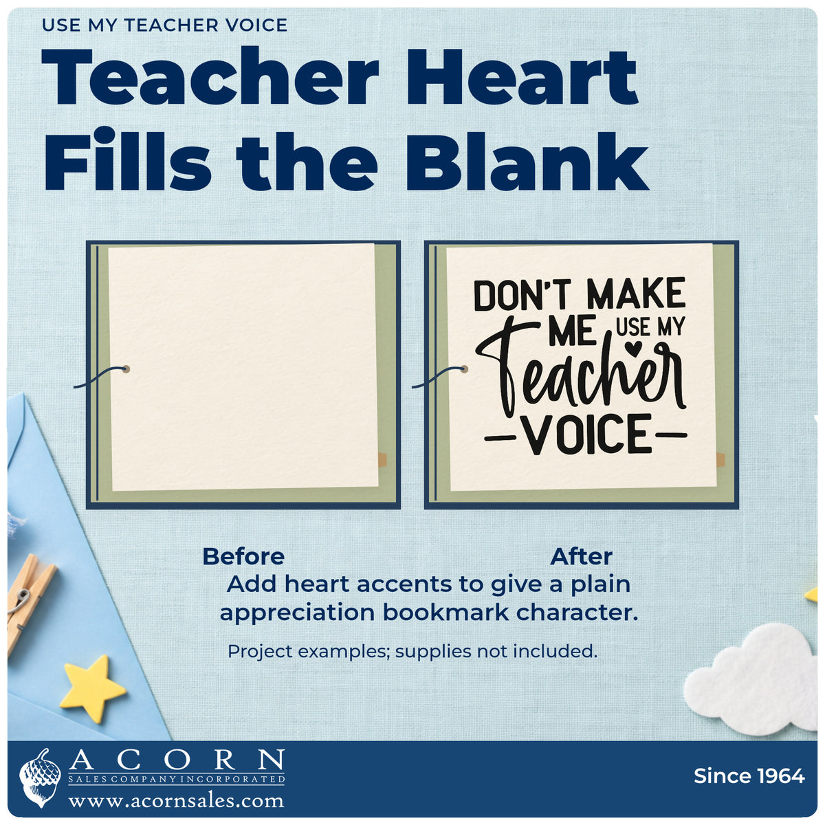 Before and after of a plain item finished with the Don't Make Me Use My Teacher Voice Premium Wood-Mounted Stamp – Vintage Pro, a quick upgrade for detention slip seals.