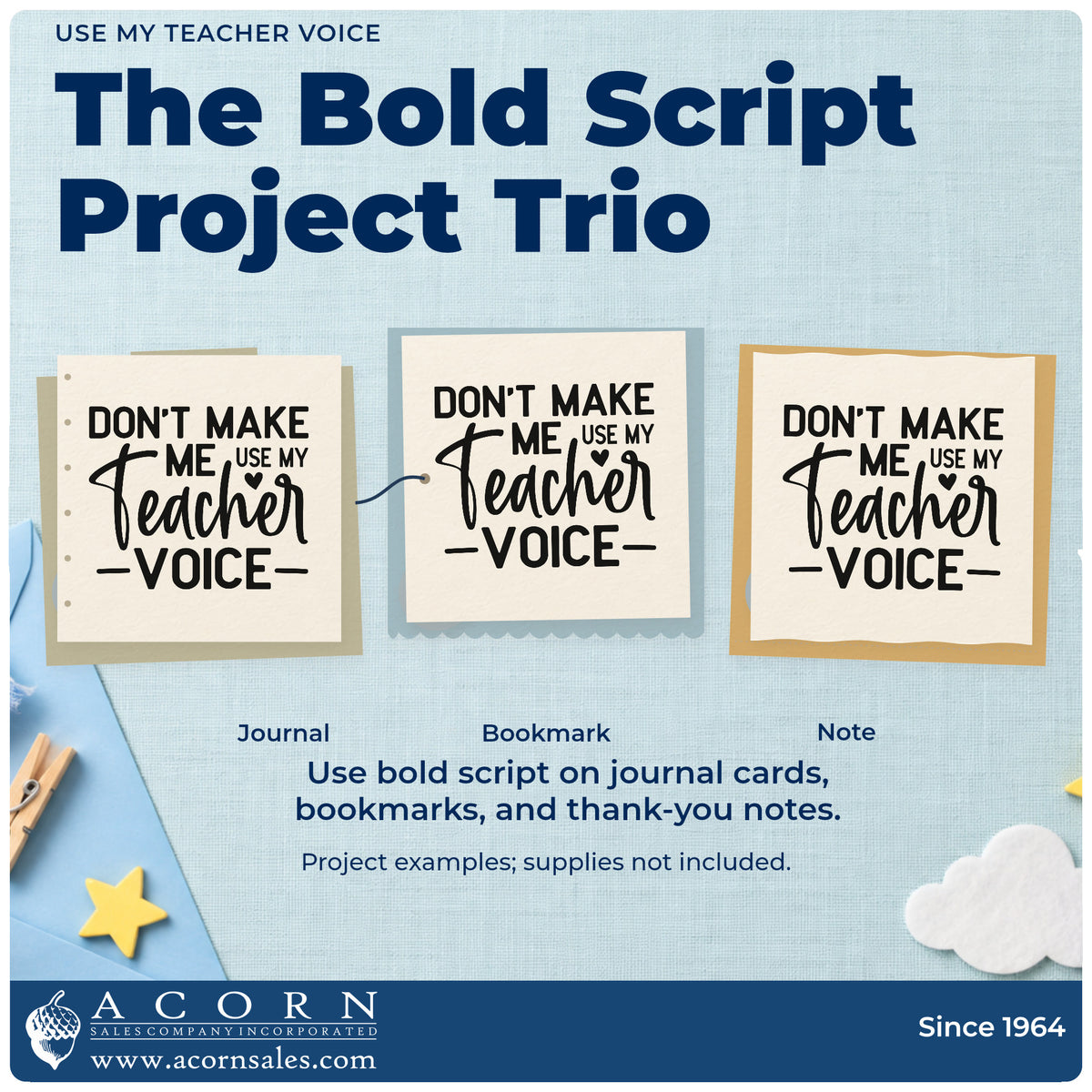 Three project examples made with the Don't Make Me Use My Teacher Voice Premium Wood-Mounted Stamp – Vintage Pro, including quiet zone labels.