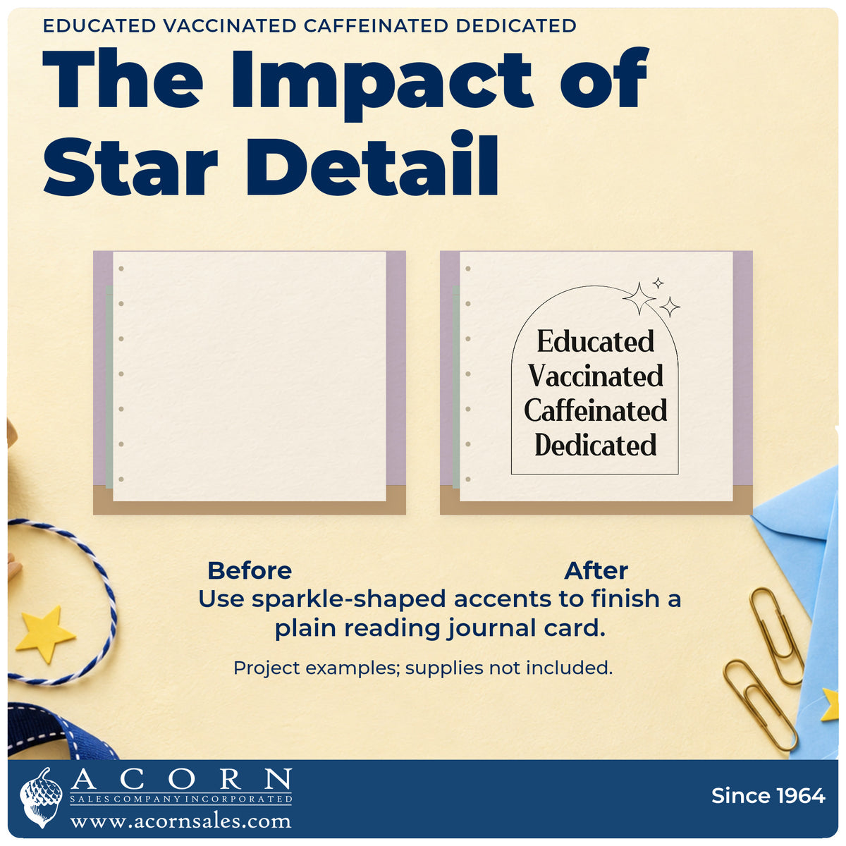 Before and after of a plain item finished with the Premium Wooden Educated Vaccinated Caffeinated Dedicated With Sparkles Stamp – Vintage Pro, a quick upgrade for prospectus seals.