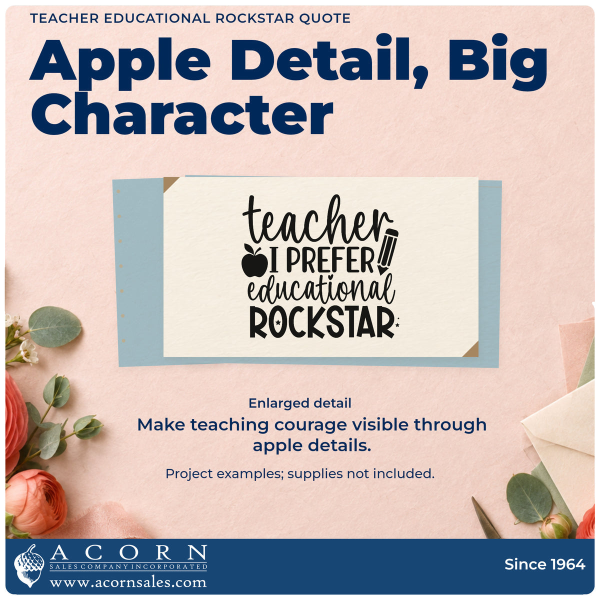 Enlarged detail of the Teacher Educational Rockstar Quote PSI Pre-Inked Stamp imprint. “Teacher I Prefer Educational Rockstar” is accented with an apple, pencil, and small stars.