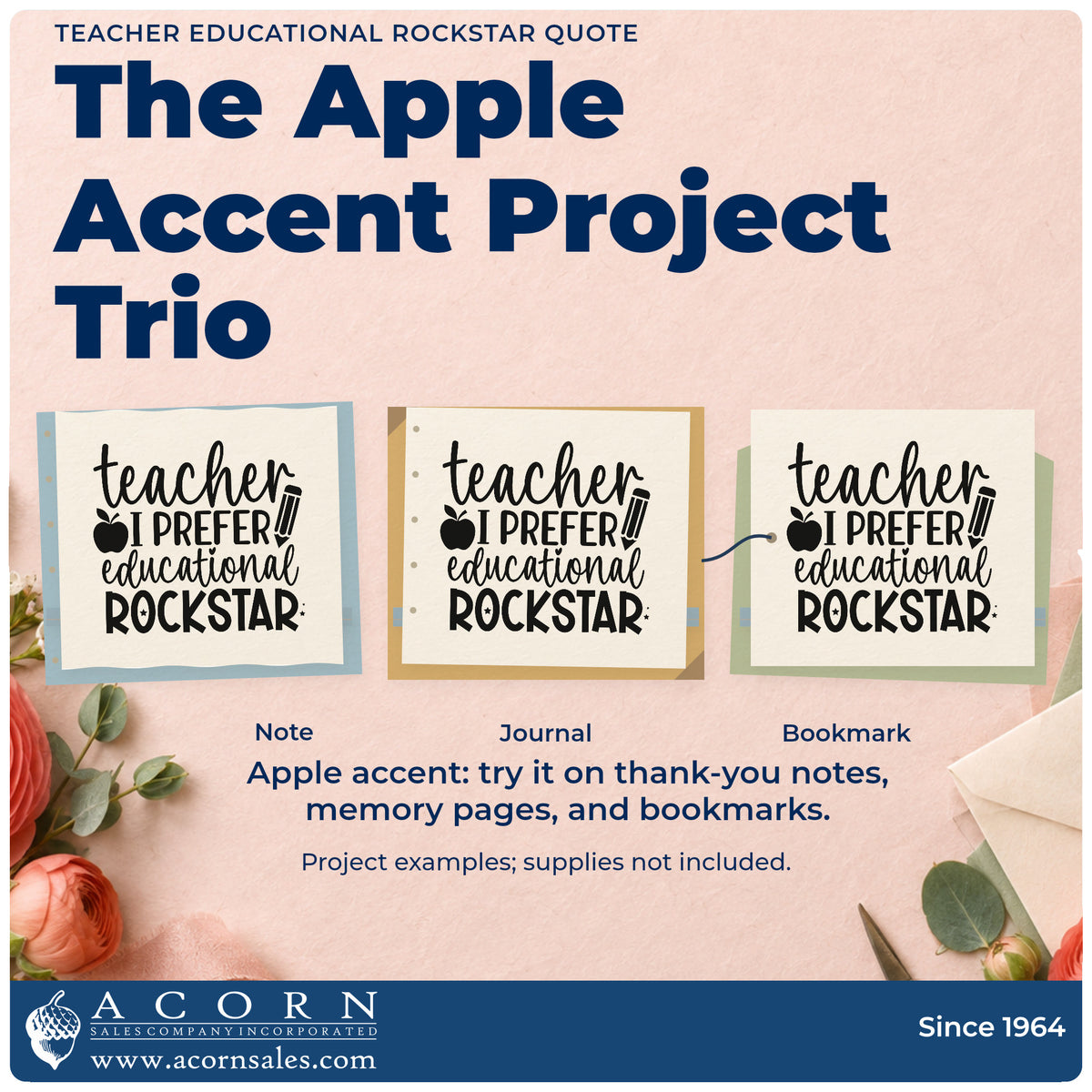 Three project examples made with the Teacher Educational Rockstar Quote Premium Wooden Stamp – Vintage Pro, including mug shelf labels.