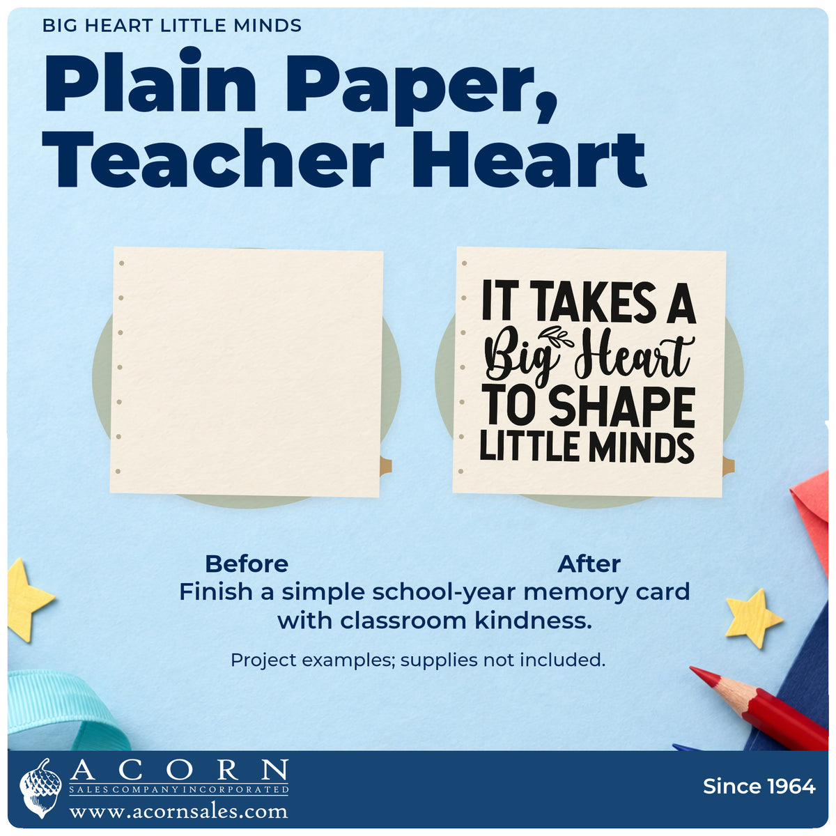 Before and after of a plain item finished with the It Takes A Big Heart To Shape Little Minds Pre-Inked Stamp – Slim, a quick upgrade for reading record seals.