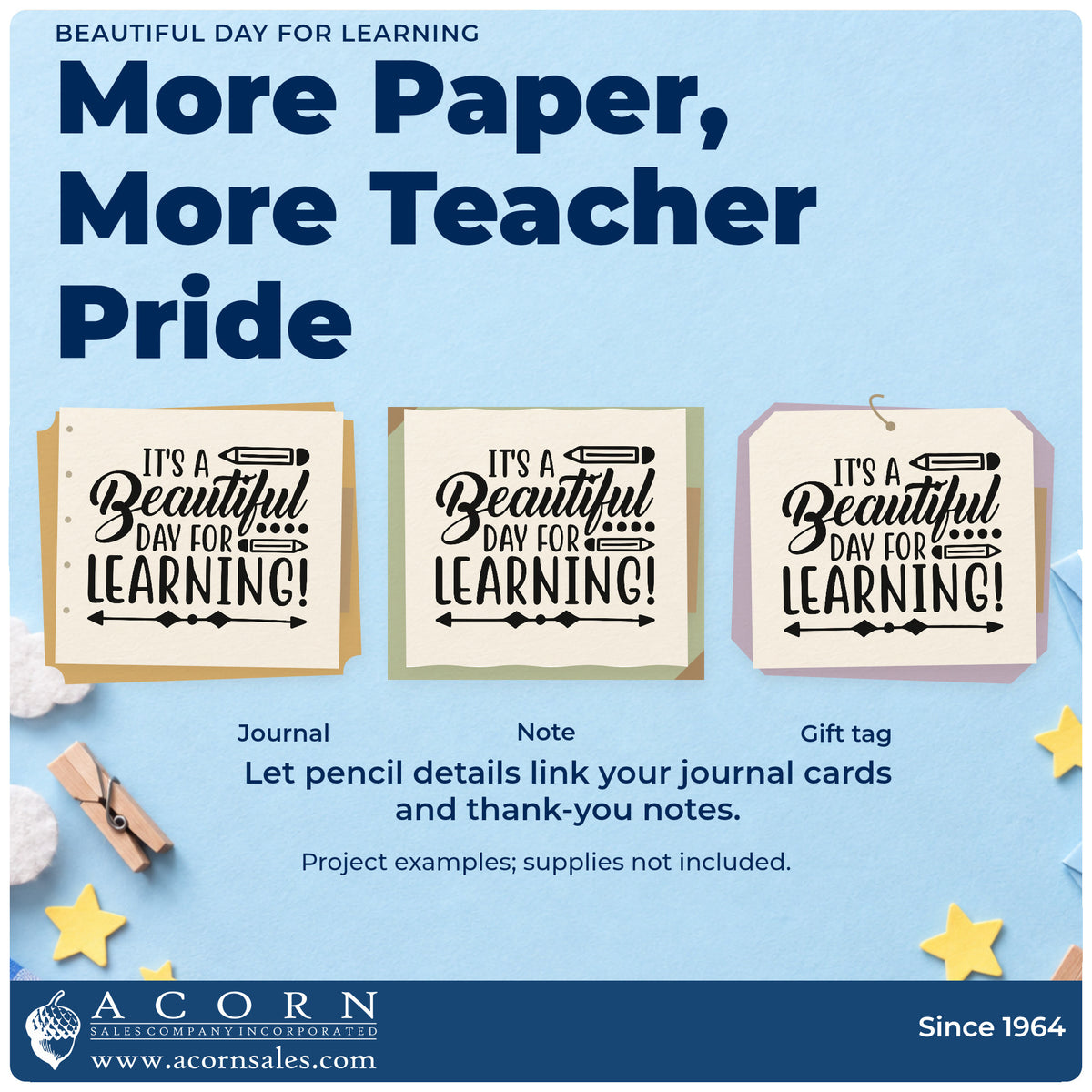 Three project examples made with the Beautiful Day For Learning PSI Pre-Inked Stamp, including pencil pot labels.