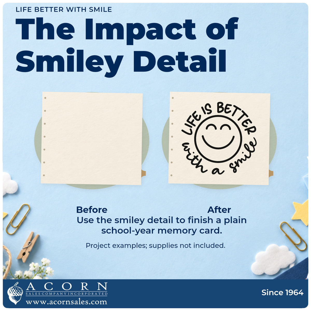 Before and after of a plain item finished with the Life Is Better With A Smile Slim Pre-Inked Stamp, a quick upgrade for photo booth seals.
