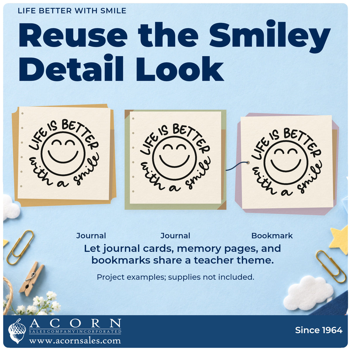 Three project examples made with the Life Is Better With A Smile Self-Inking Stamp, including sweet jar labels.
