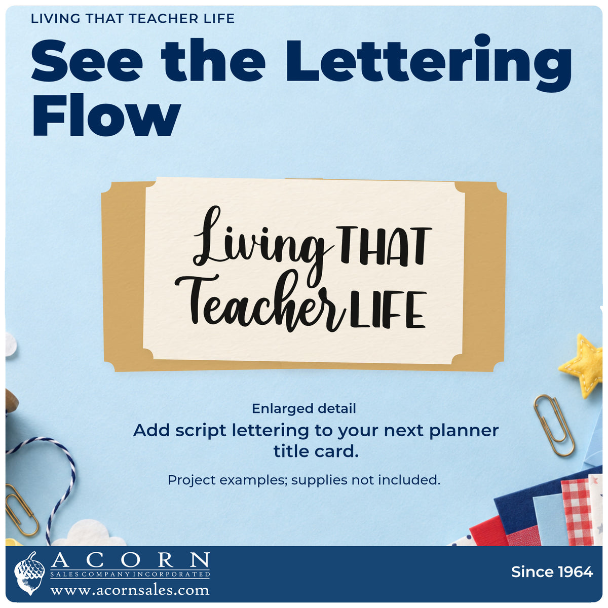 Enlarged detail of the Living That Teacher Life Script Lettering Rubber Stamp – Wood Handle imprint. “Living That Teacher Life” mixes flowing script and tall block letters.