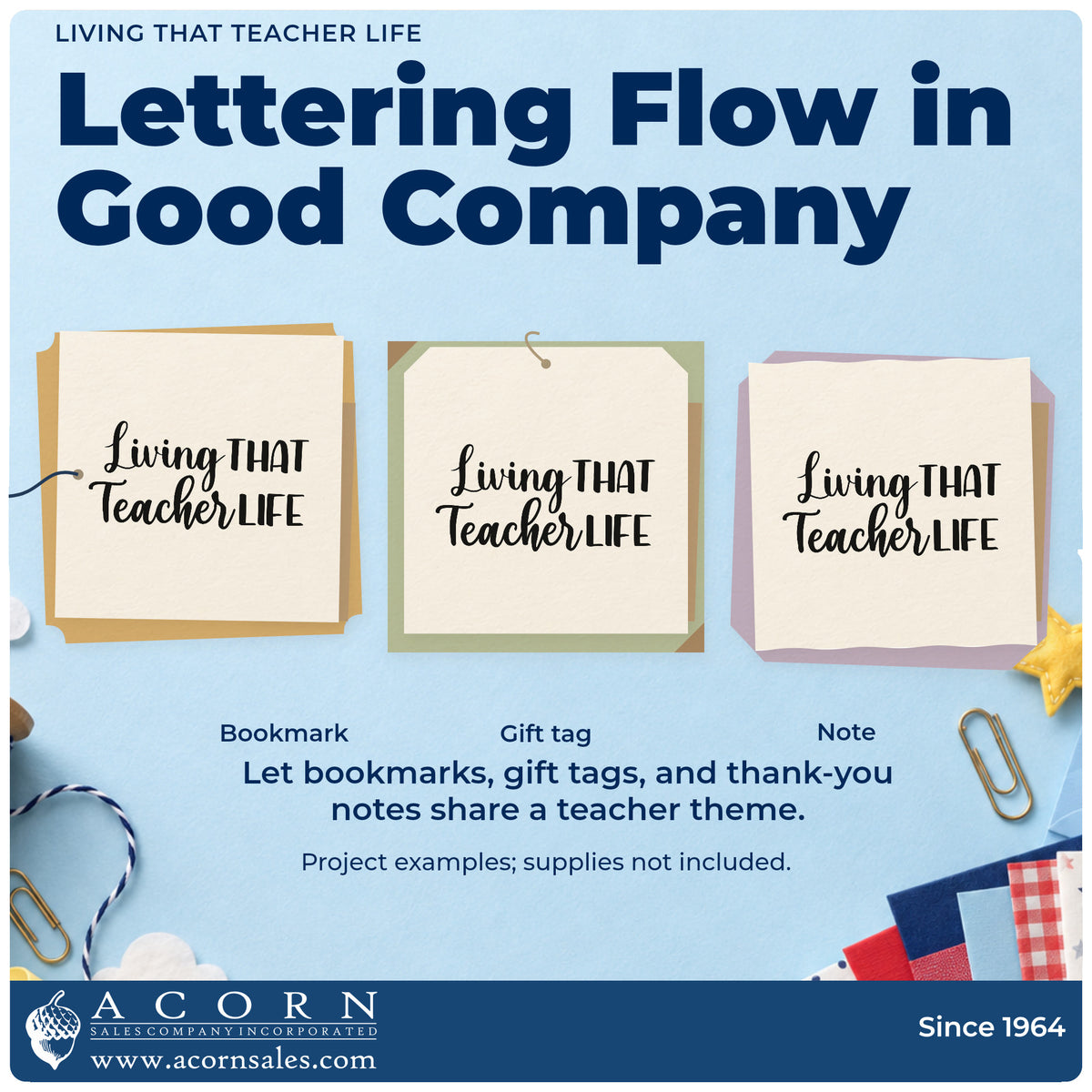 Three project examples made with the Premium Wooden Living That Teacher Life Script Lettering Stamp – Vintage Pro, including tumbler band labels.