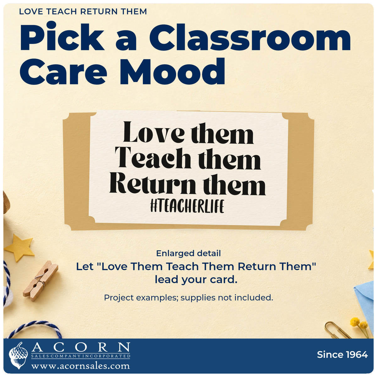 Enlarged detail of the Love Teach Return Them Stamp – Wood Handle imprint. Stacked lettering reads “Love Them Teach Them Return Them” above “#TeacherLife.”
