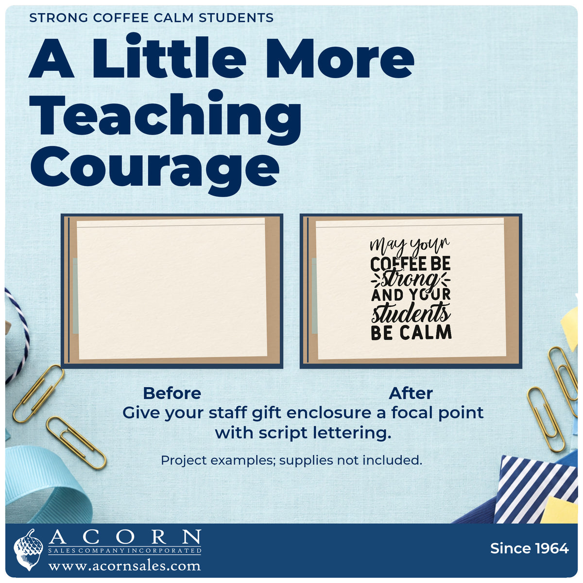 Before and after of a plain item finished with the Strong Coffee Calm Students Stamp – Self-Inking, a quick upgrade for flask sleeve panels.