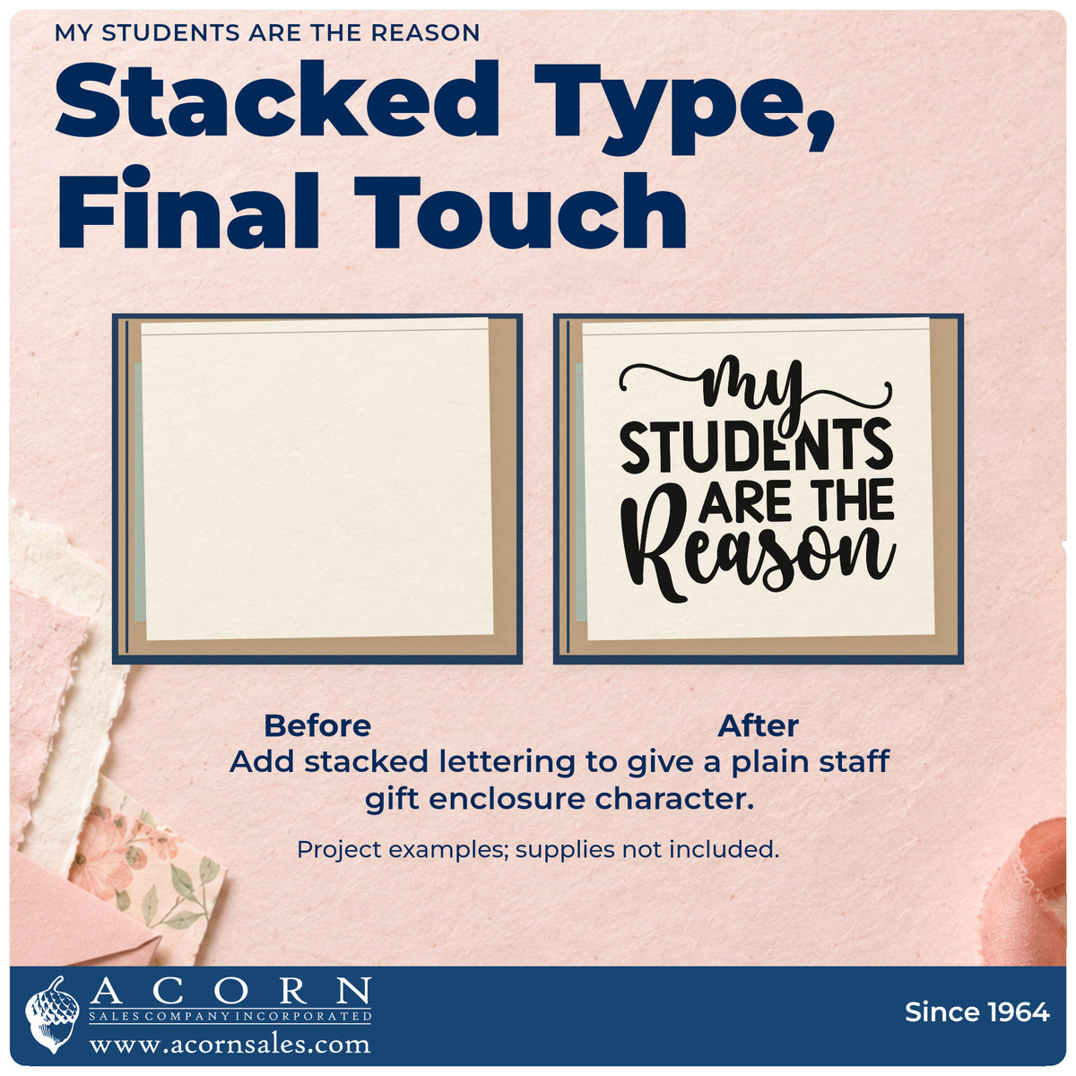 Before and after of a plain item finished with the My Students Are The Reason Premium Wooden Stamp – Vintage Pro, a quick upgrade for memory tin seals.