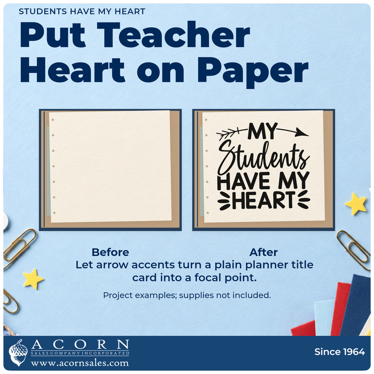 Before and after of a plain item finished with the Students Have My Heart Premium Wooden Stamp – Vintage Pro, a quick upgrade for autograph book seals.