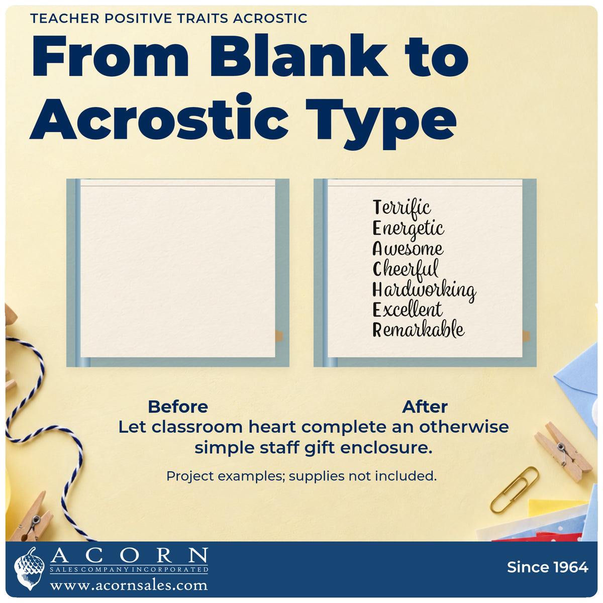 Before and after of a plain item finished with the Teacher Positive Traits Word Ladder Premium Wood-Mounted Stamp – Vintage Pro, a quick upgrade for praise card seals.