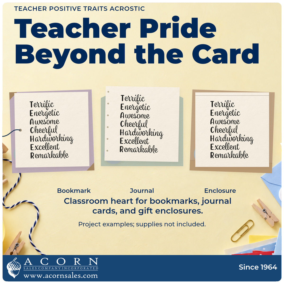 Three project examples made with the Teacher Positive Traits Word Ladder Premium Wood-Mounted Stamp – Vintage Pro, including alphabet bin labels.