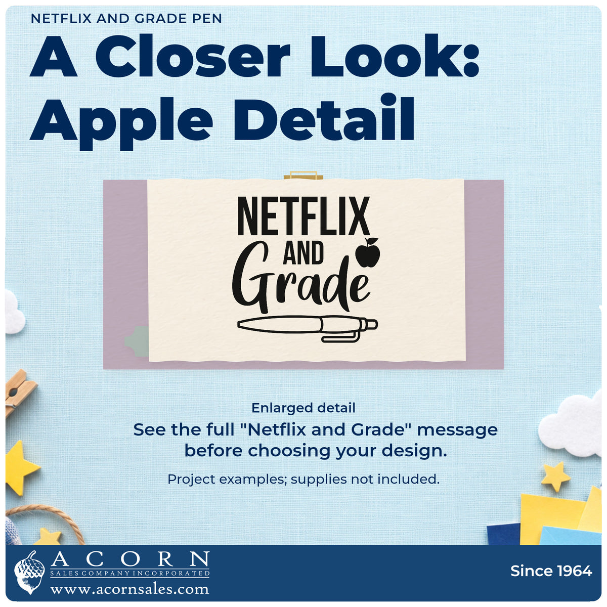 Enlarged detail of the Premium Wooden Netflix And Grade Apple And Pen Stamp – Vintage Pro imprint. An apple accents "Netflix and Grade" above a large horizontal pen.