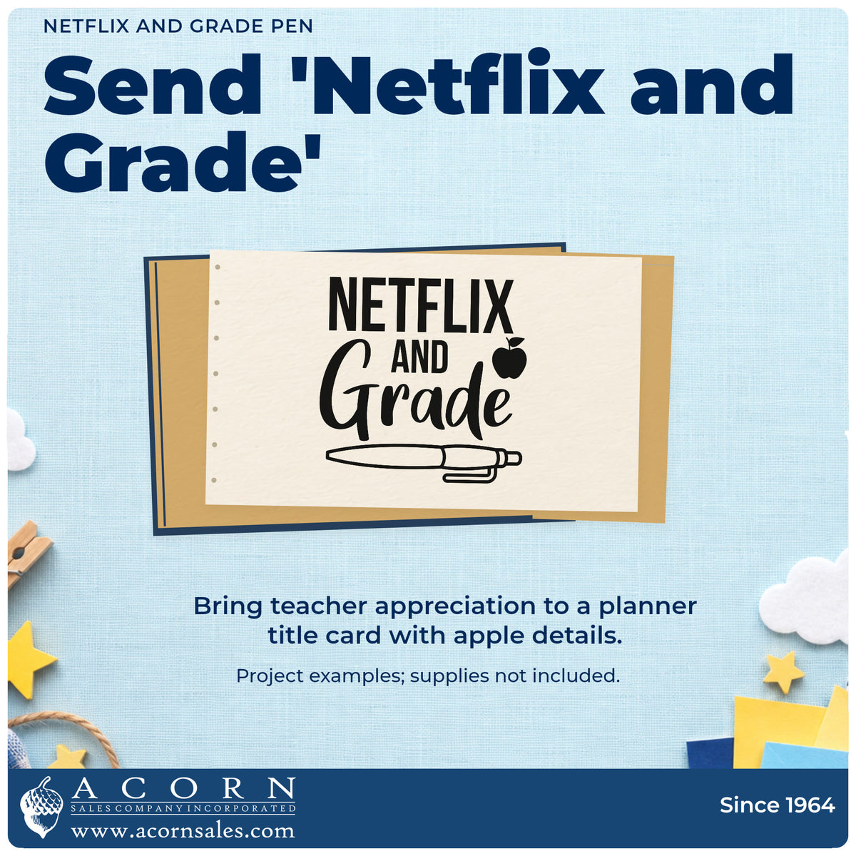 A finished handmade project stamped with the Premium Wooden Netflix And Grade Apple And Pen Stamp – Vintage Pro, ideal for grade cards.