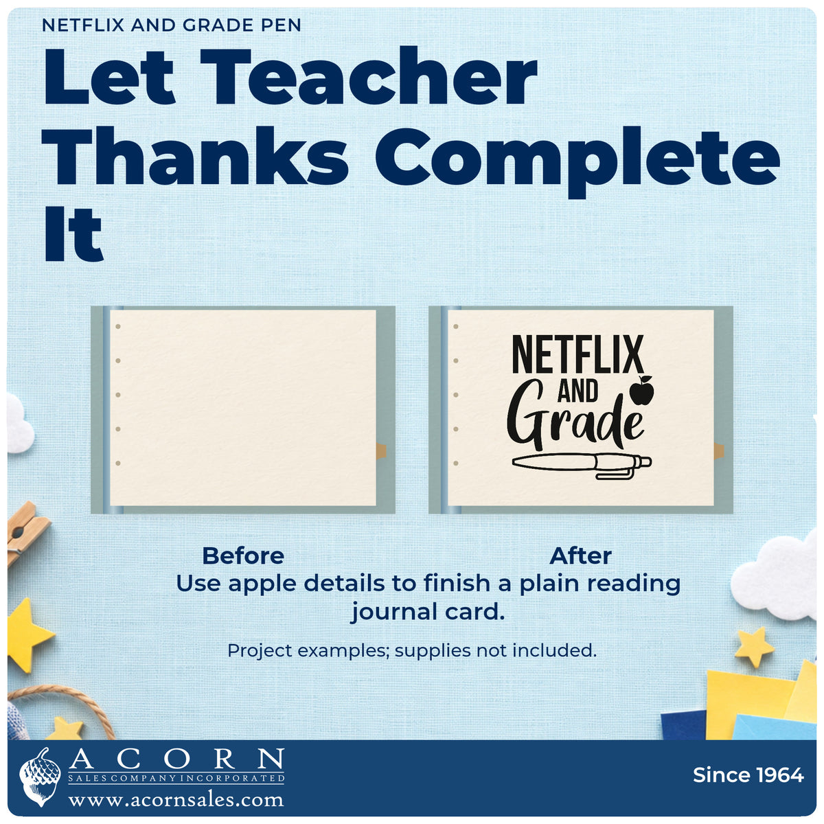 Before and after of a plain item finished with the Netflix And Grade Apple And Pen Stamp – Self-Inking, a quick upgrade for blanket corner panels.