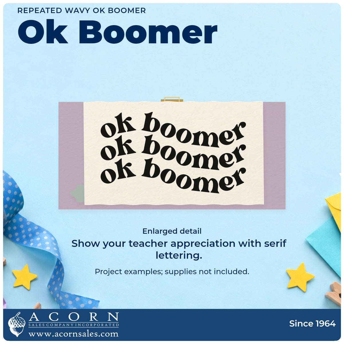 Enlarged detail of the Repeated Wavy OK Boomer Rubber Stamp – Duo Hand imprint. Three curved rows repeat the phrase “Ok Boomer” in bold serif lettering.