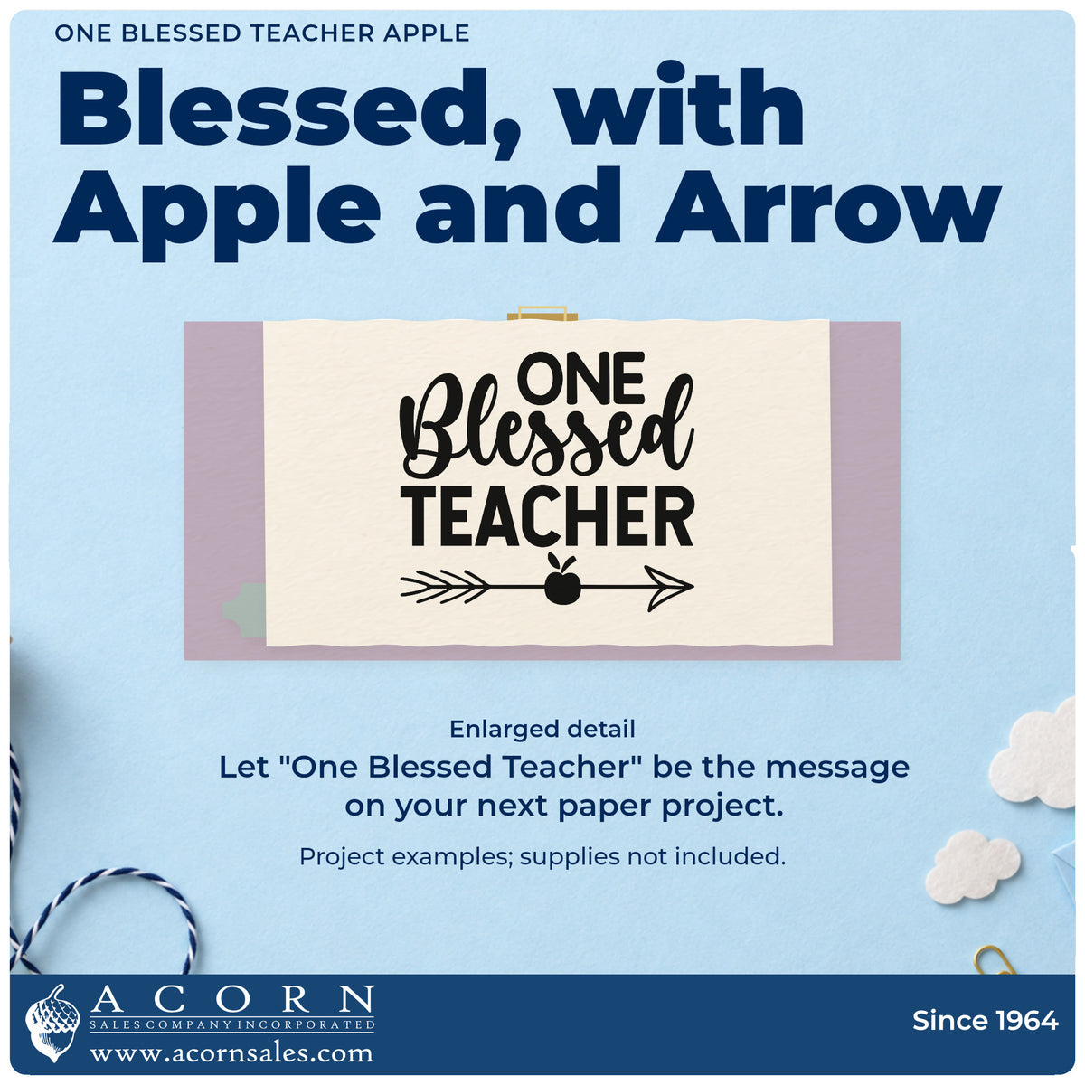Enlarged detail of the One Blessed Teacher Apple Arrow Rubber Stamp – Wood Handle imprint. “One Blessed Teacher” is accented with a horizontal arrow and apple.