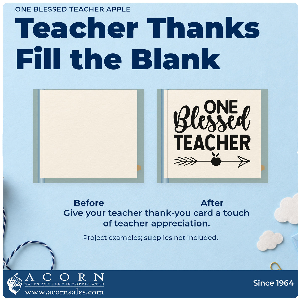 Before and after of a plain item finished with the One Blessed Teacher Apple Arrow Pre-Inked Stamp – Slim, a quick upgrade for offering bag seals.