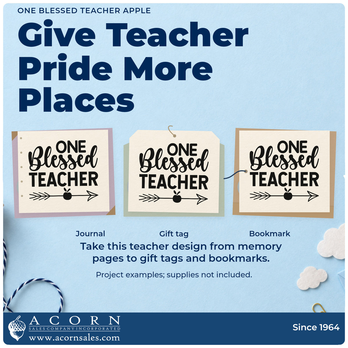 Three project examples made with the One Blessed Teacher Apple Arrow Pre-Inked Stamp – Slim, including candle tin labels.