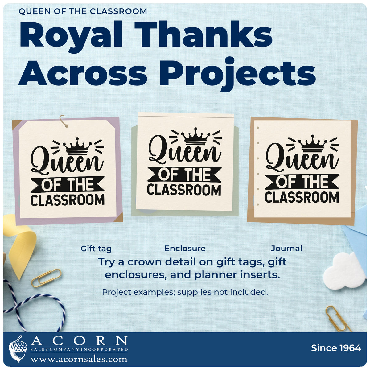 Three project examples made with the Queen Of The Classroom Stamp – Wood Handle, including throne chair labels.