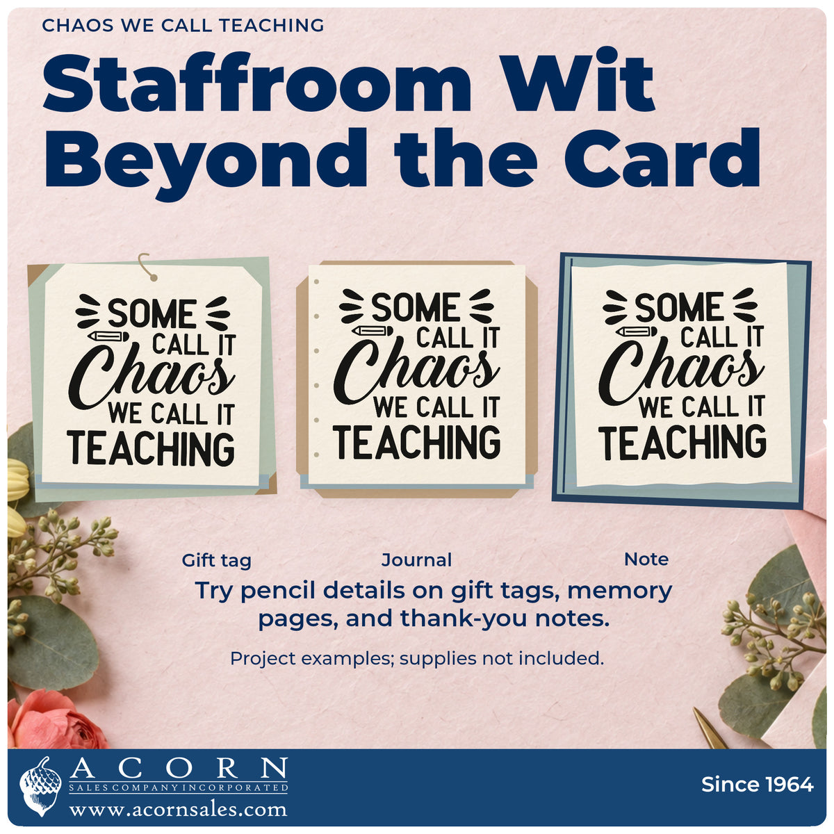 Three project examples made with the Chaos We Call Teaching Premium Wooden Stamp – Vintage Pro, including craft trolley labels.