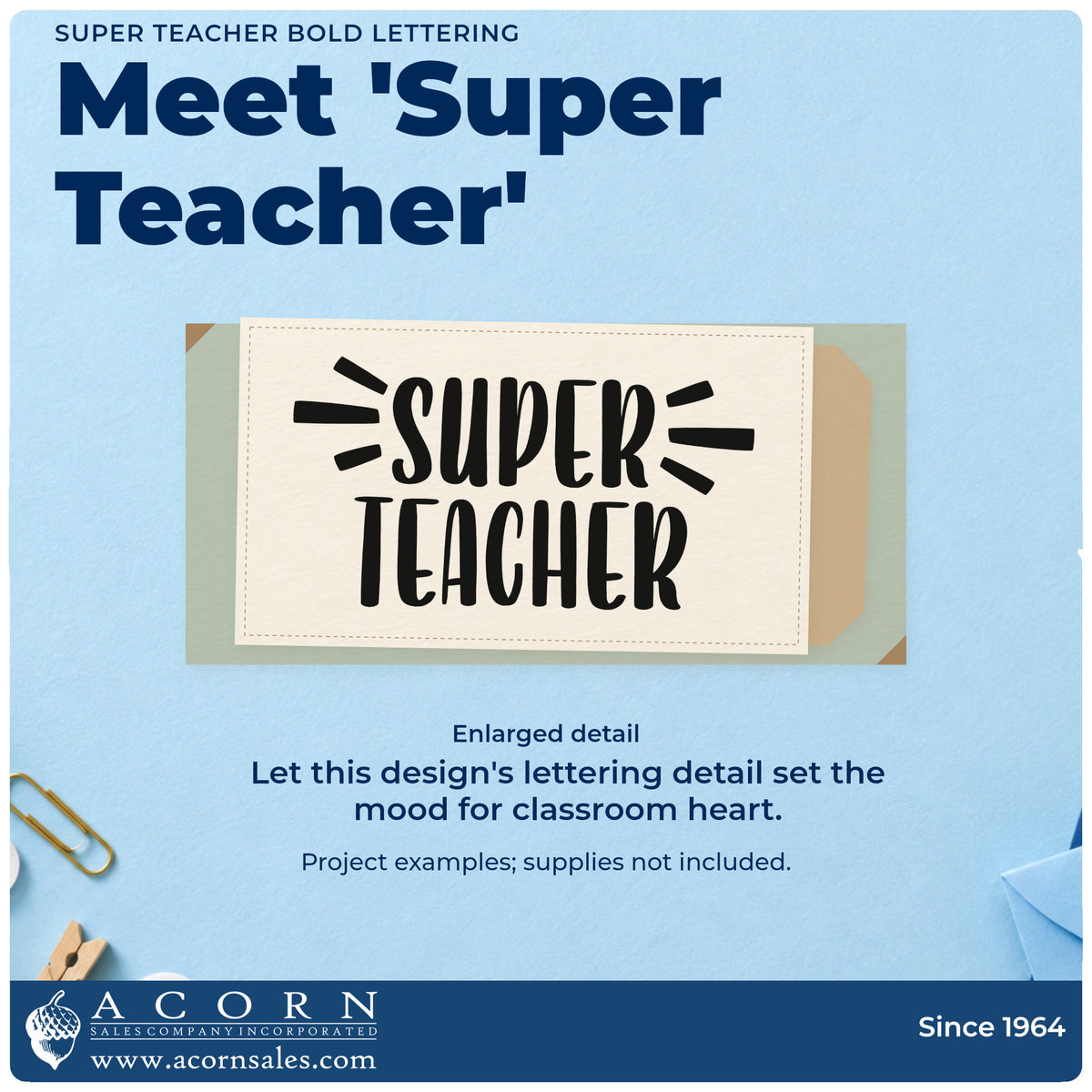 Enlarged detail of the Slim Pre-Inked Super Teacher Bold Lettering Stamp imprint. Tall “Super Teacher” lettering is flanked by short radiating lines.