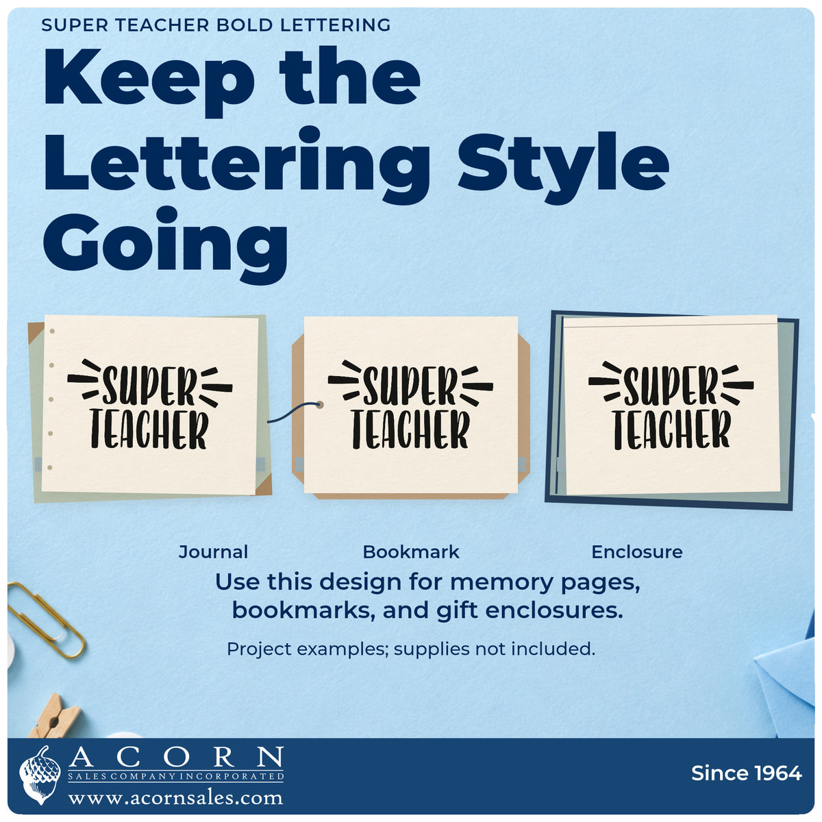 Three project examples made with the Slim Pre-Inked Super Teacher Bold Lettering Stamp, including star jar labels.