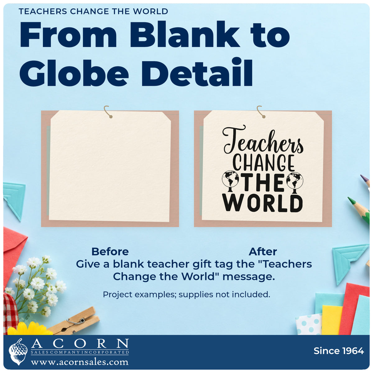 Before and after of a plain item finished with the Teachers Change The World Stamp – Premium Vintage Pro Wooden, a quick upgrade for airmail pack seals.