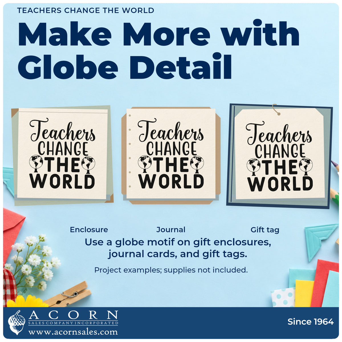 Three project examples made with the Teachers Change The World Hand Stamp – Duo, including time zone labels.
