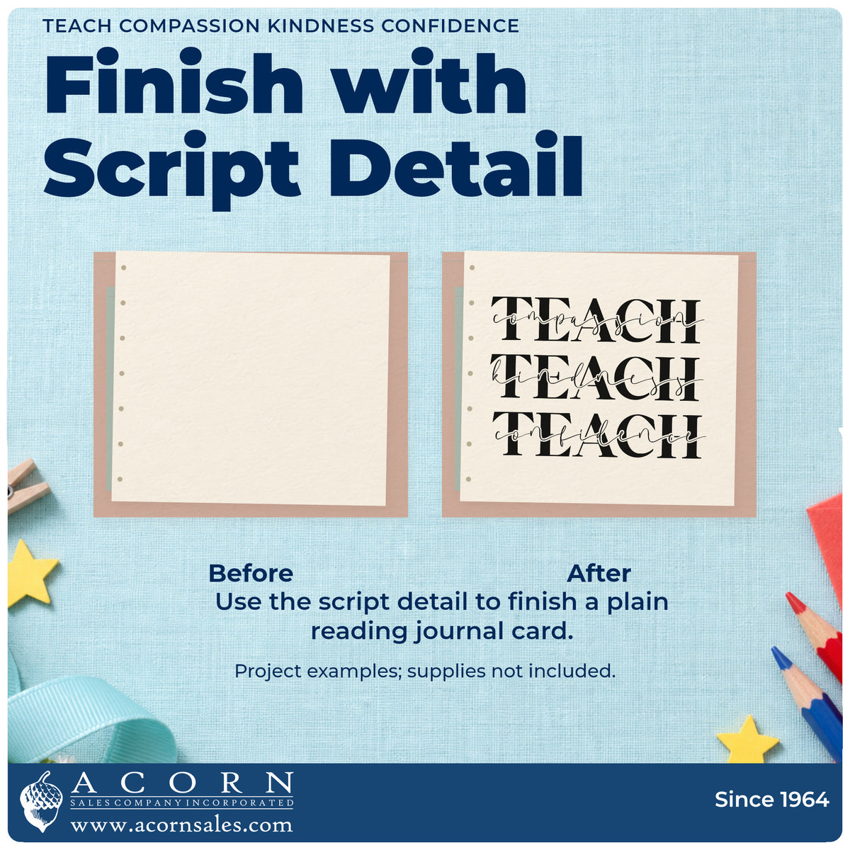 Before and after of a plain item finished with the Teach Compassion Kindness Confidence Slim Pre-Inked Stamp, a quick upgrade for policy pack seals.