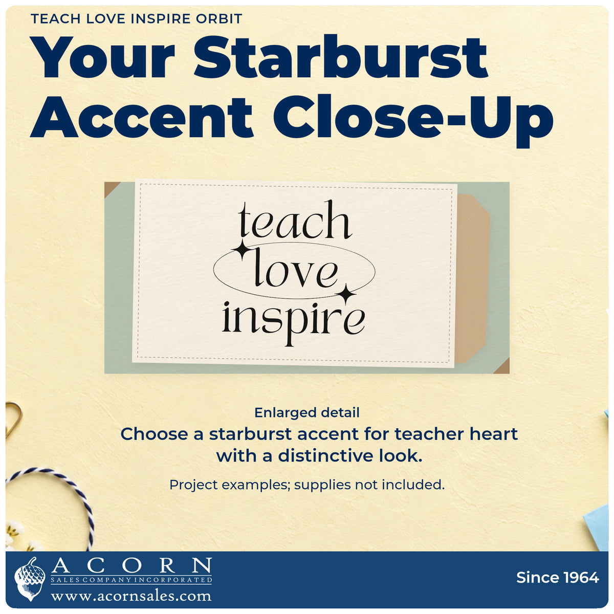 Enlarged detail of the Teach Love Inspire Orbit With Sparkles Rubber Stamp – Duo Hand imprint. Thin serif “Teach Love Inspire” is surrounded by an elliptical orbit and starbursts.