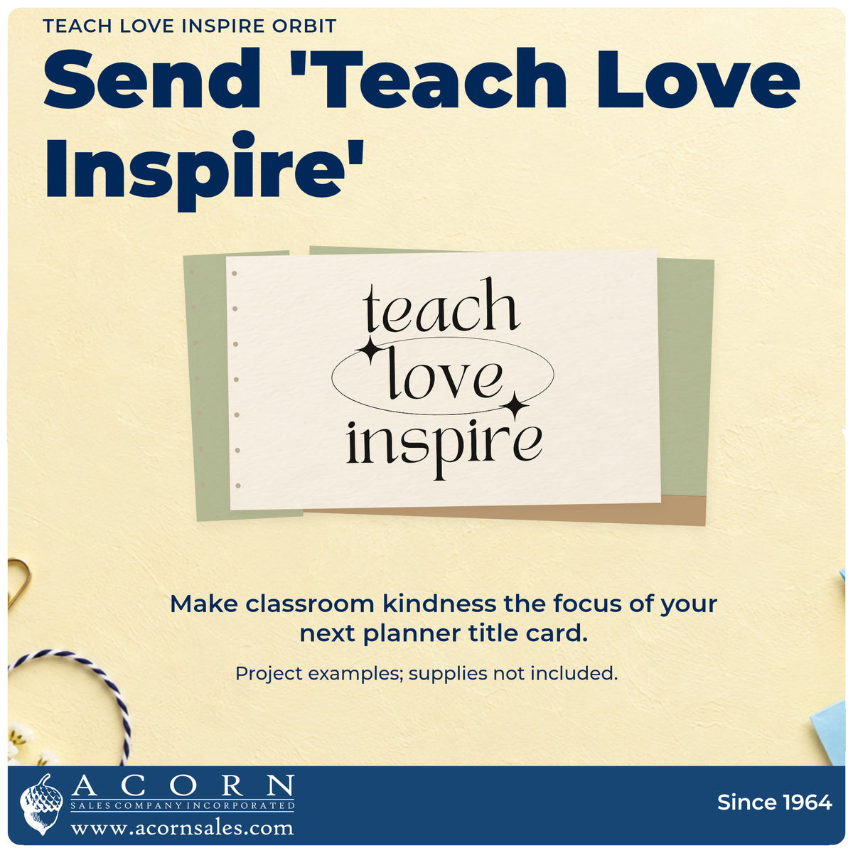 A finished handmade project stamped with the Premium Wooden Teach Love Inspire Orbit With Sparkles Stamp – Vintage Pro, ideal for space unit tags.