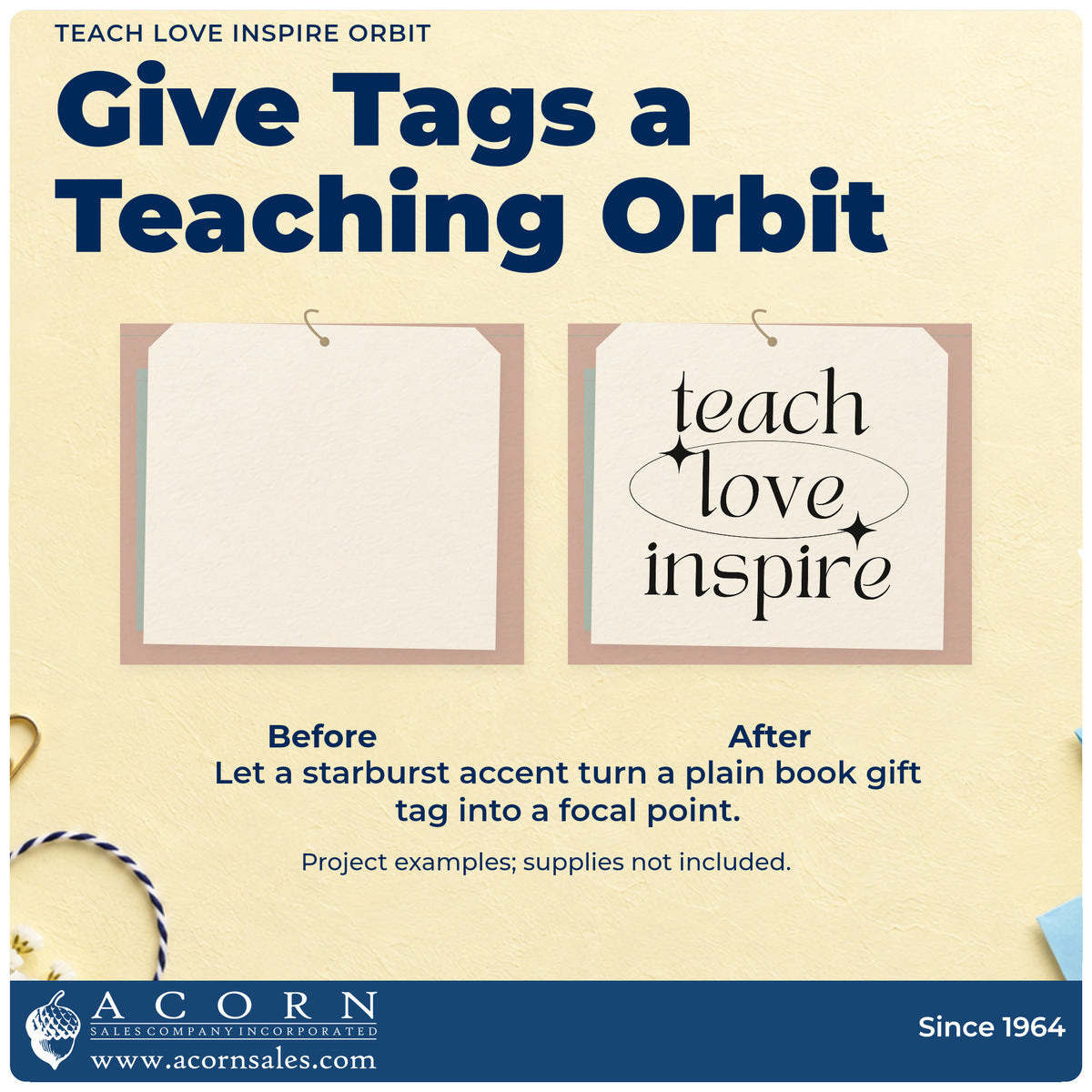 Before and after of a plain item finished with the Premium Wooden Teach Love Inspire Orbit With Sparkles Stamp – Vintage Pro, a quick upgrade for safety sheet seals.