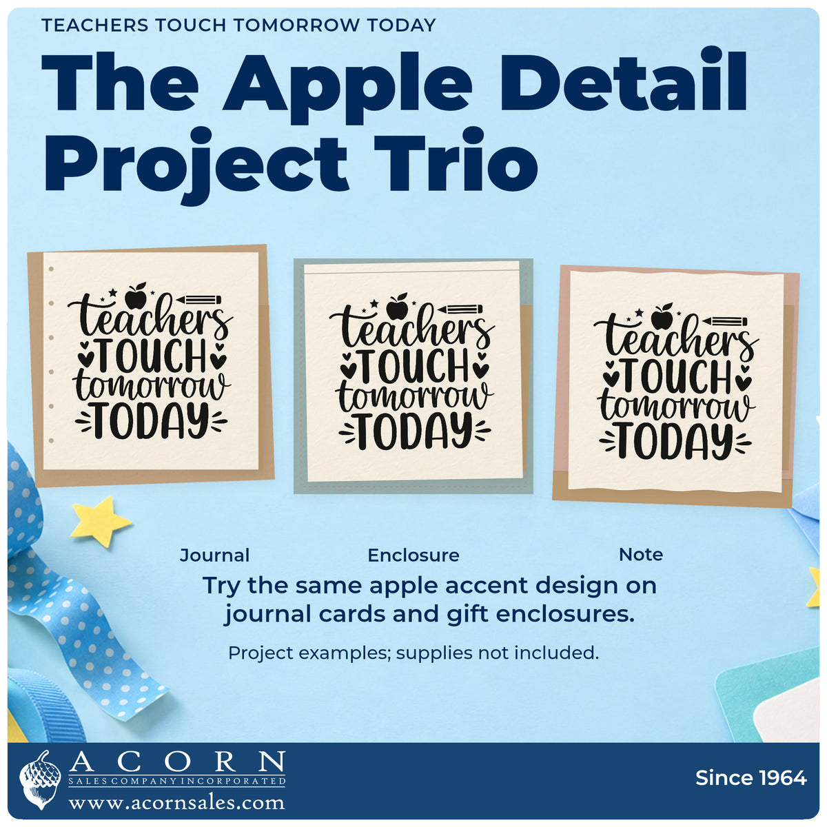 Three project examples made with the Duo Hand Teachers Touch Tomorrow Today Rubber Stamp, including archive box labels.
