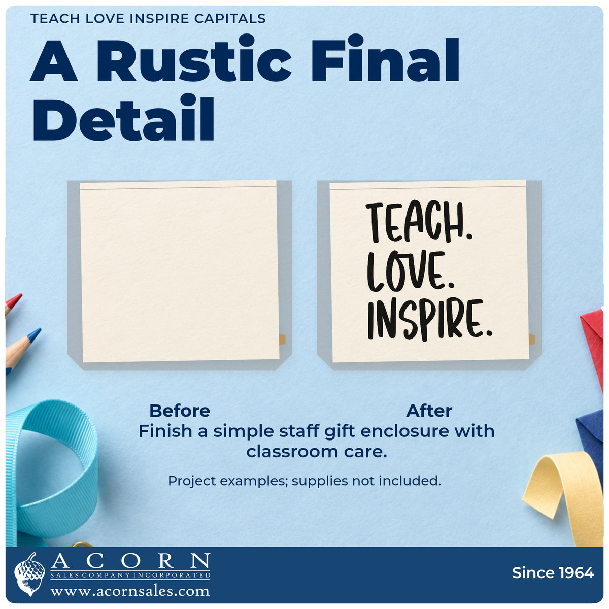 Before and after of a plain item finished with the Teach Love Inspire Capitals Block Lettering Stamp – Slim Pre-Inked, a quick upgrade for print room seals.