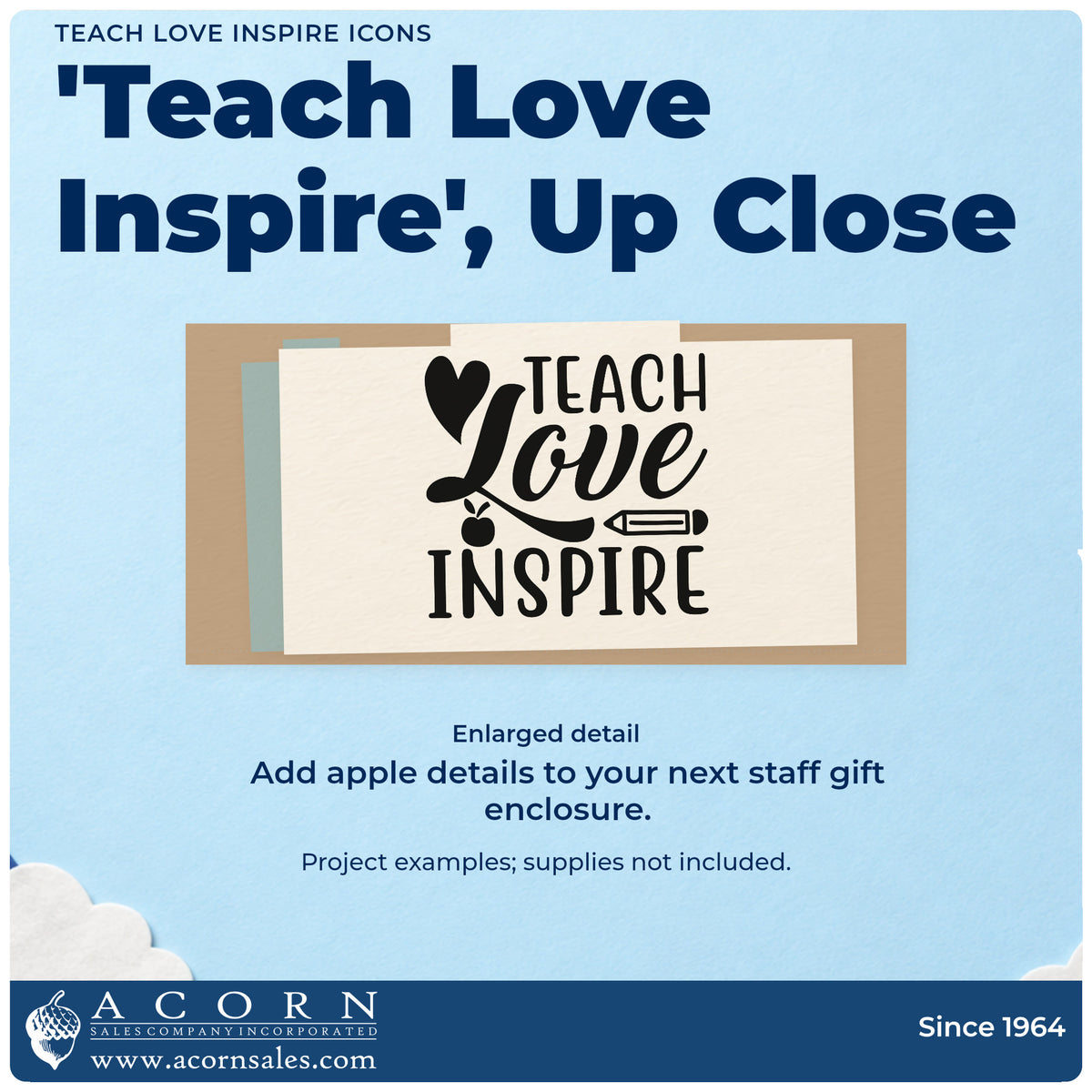 Enlarged detail of the Vintage Pro Teach Love Inspire Icons Premium Wooden Stamp imprint. “Teach Love Inspire” is accented with a heart, apple, and horizontal pencil.