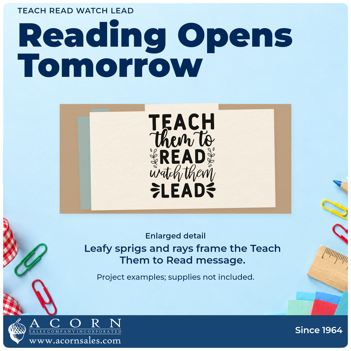 Enlarged detail of the Teach Read Watch Lead Premium Wooden Stamp – Vintage Pro imprint. “Teach Them to Read Watch Them Lead” features leafy sprigs and decorative rays.