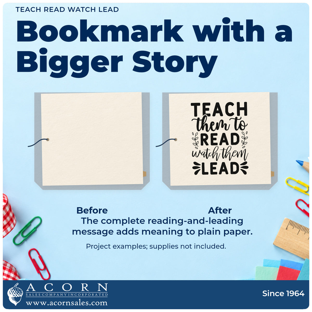 Before and after of a plain item finished with the Teach Read Watch Lead Premium Wooden Stamp – Vintage Pro, a quick upgrade for book plate seals.