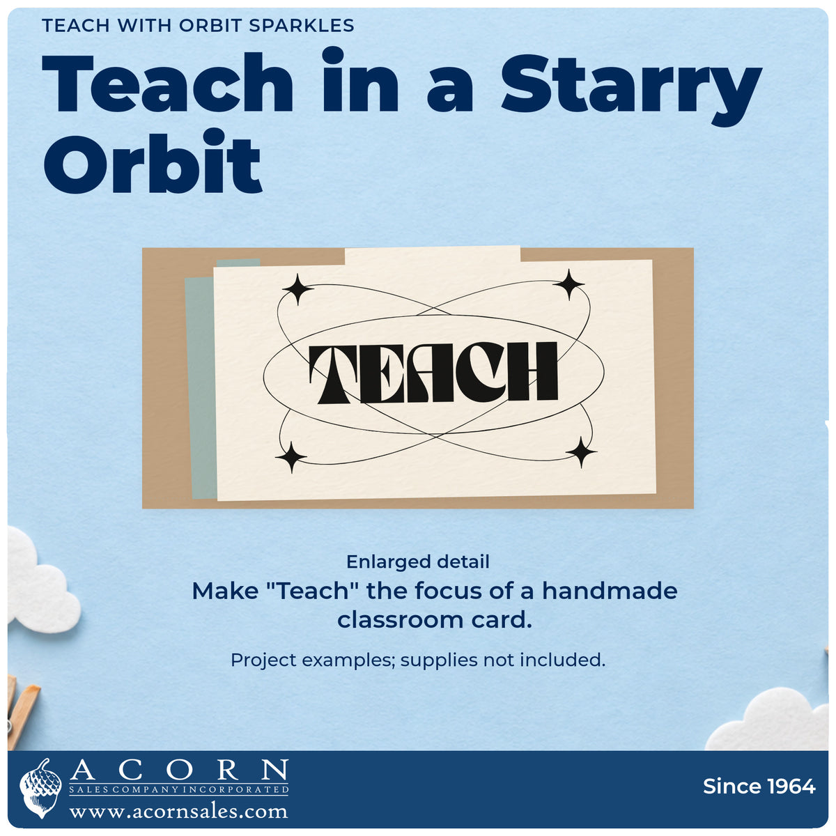Enlarged detail of the Teach With Orbit Sparkles Rubber Stamp – Duo Hand imprint. Bold “Teach” lettering sits inside overlapping elliptical orbits with starbursts.